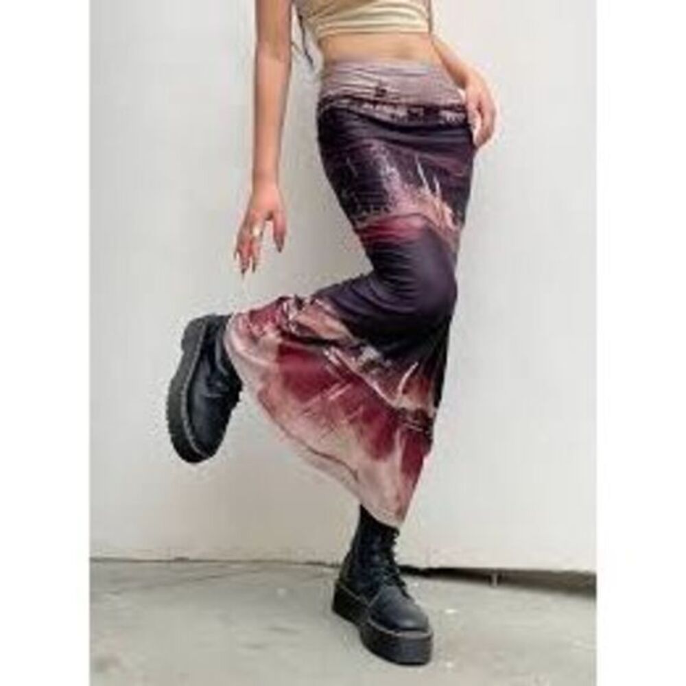 Micas Abstract Print Maxi Skirt Artistic Landscape Design Elastic Waist‎ Size M